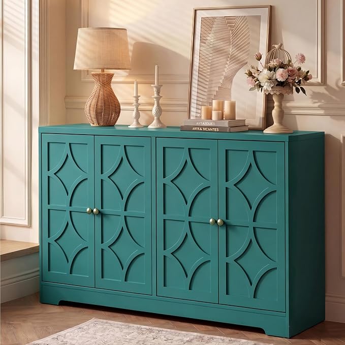 RoyalCraft 112'' Sideboard Buffet Cabinet with Storage, Modern Sideboard with 4 Carved Doors and Adjustable Shelves, Large Wood Coffee Bar Console Table for Kitchen, Dining Room, Turquoise Blue
