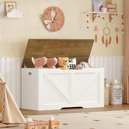 usikey 39.4" Storage Chest, Toy Box with 2 Safety Hinges, Lift Top Wooden Toy Chest, Storage Bench, for Living Room, Bedroom, Entryway, White+Honey Brown