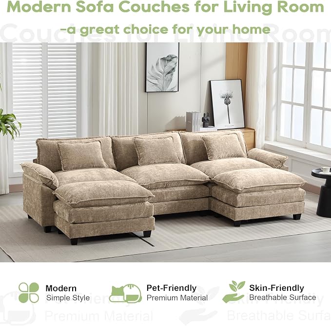 Oprisen 120" Modular Sectional Sofa, Comfy Cloud Couch Sectional Sofa with Ottoman, Chenille Sofa Sleeper Deep Seat Sofa with Throw Pillows for Living Room (Khaki, 120"- U Shape)