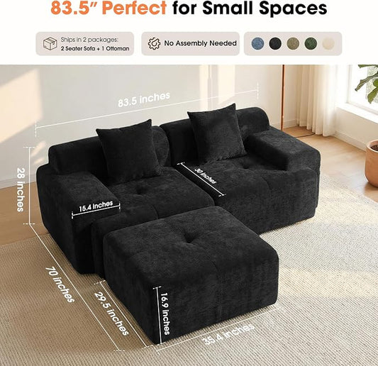 83.5" Boneless Loveseat with Ottoman, 30" Deep Seat Modular Sofa, Cloud Comfy Couches for Living Room, Apartment, Bedroom, No Assembly Required (Dark Gray)