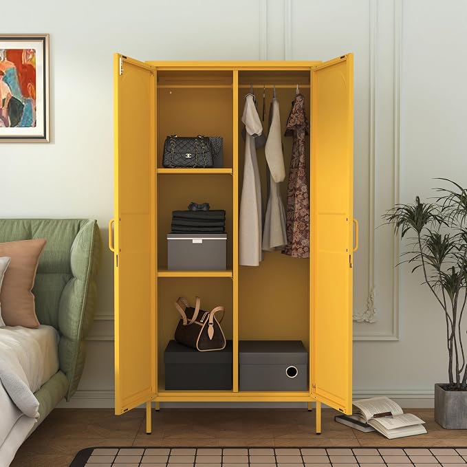 Lockable Yellow Tall Metal Wardrobe 67 Inch, Vintage Arched Door Steel Storage Cabinet with Adjustable Shelves & Leveling Feet for Home Office Bedroom Size:67" H x 31.5" W x 18.1" D