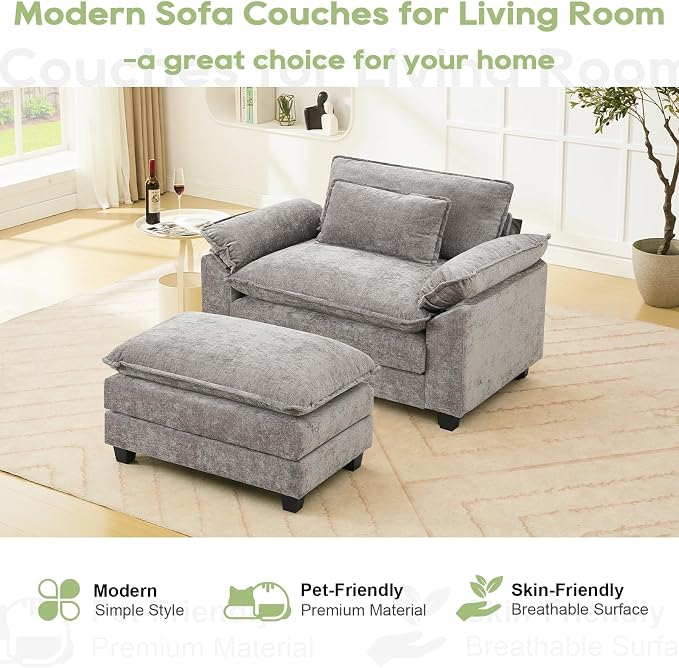 Oprisen 53" Modular Sectional Sofa, Comfy Cloud Couch Sectional Sofa with Ottoman, Chenille Sofa Sleeper Deep Seat Sofa with Throw Pillows for Living Room (Light Gray)