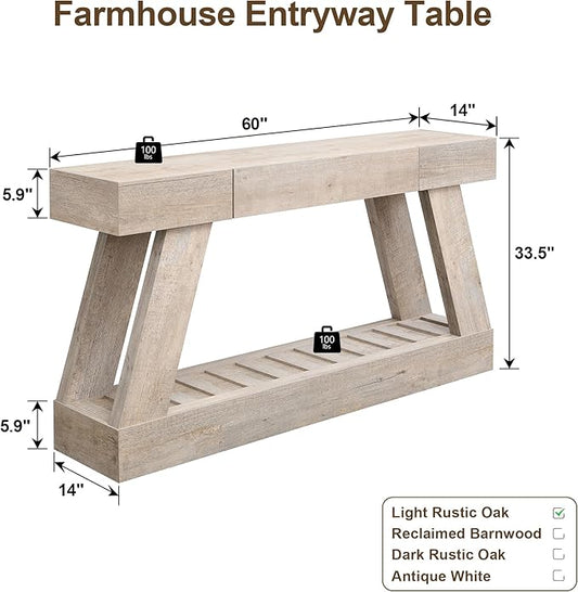 60" Farmhouse Entryway Table with Drawer, Wooden Hallway Foyer Table with Heavy Duty Base(Light Rustic Oak)