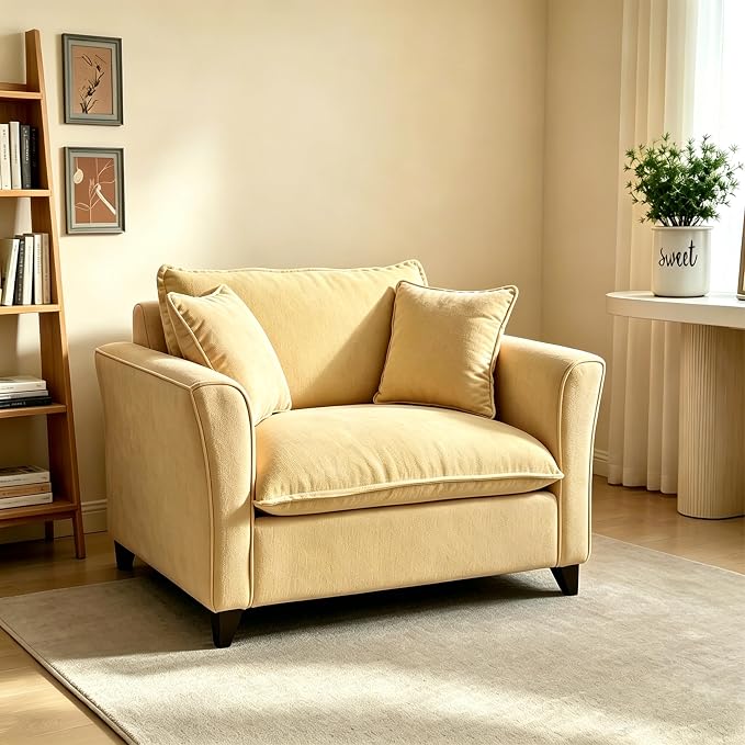 ERYE 46.9" Chenille Upholstered Accent Chair Wide Seat for Living Room Bedroom, Modern Leisure Cushion Armchair W/ 2 Pillows and Removable Cover for Home Apartment Office