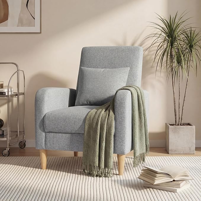 COLAMY Mid-Century Modern Upholstered Accent Chair with Back Pillow & Solid Wood Legs, Fabric Cozy Armchair for Living Room, Bedroom, Reading Nook, Apartment & Small Spaces, Lightgrey