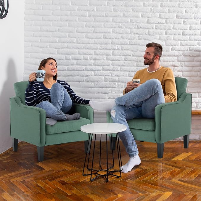 VINGLI Mid-Century Modern Accent Chairs Set of 2 Living Room Chairs Dark Green Reading Chairs for Bedroom Scooped Arm Chairs Upholstered Comfy Chairs for Apartment, Waiting Room