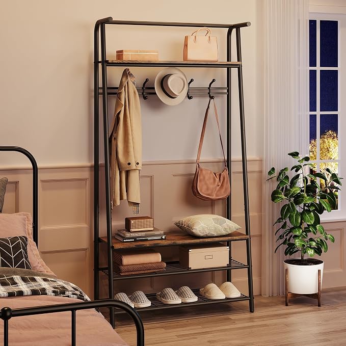 Jojoka Coat Rack Hall Tree with Shoe Storage Bench, 4-in-1 Entryway Organizer with 10 Hooks & 3-Tier Shoe Rack, Sturdy Metal Frame Freestanding Storage Unit for Hallway (Brown-Single Row, 31.5in)