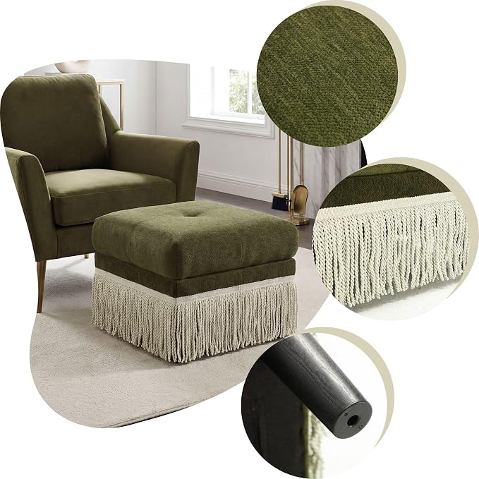 Hyfirm 22 Inch Square Green Ottoman with Fringe for Living Room, Plush Footstool Ottoman for for Bedroom, Modern Boho Upholstered Accent Pouf Ottomans Foot Rest