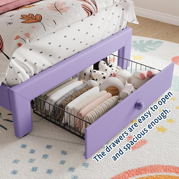 Garvee Full Size Bed Frame with LED Lights & Velvet Crystal Button Headboard, Upholstered Boy Platform Bed with Storage Drawer, Noise Free, No Box Spring Needed for Kids, Teens,
