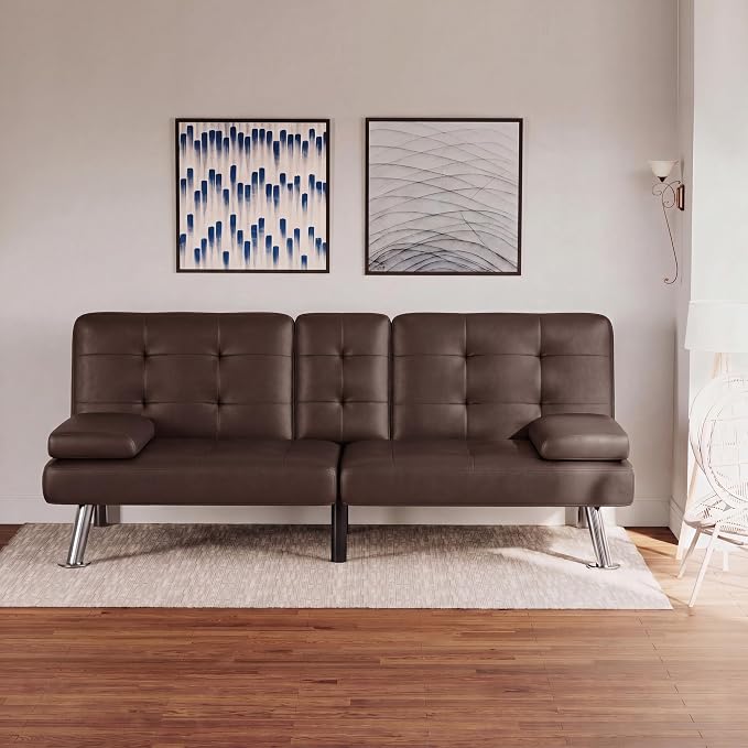 Flamaker Futon Sofa Bed Modern Folding Futon Set Convertible Recliner Lounge for Living Room with 2 Cup Holders, Removable Armrests (PU Leather, Brown)