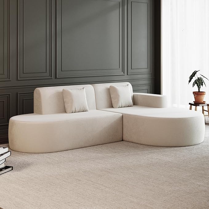 MELLCOM Modern 93" Curved Boneless Sofa Couch, L-Shaped Corner Sofa, No Assembly Needed, Chenille Upholstered Cloud Sectional Couch for Living Room,Apartment and Bedroom (Beige, Right Hand Facing)