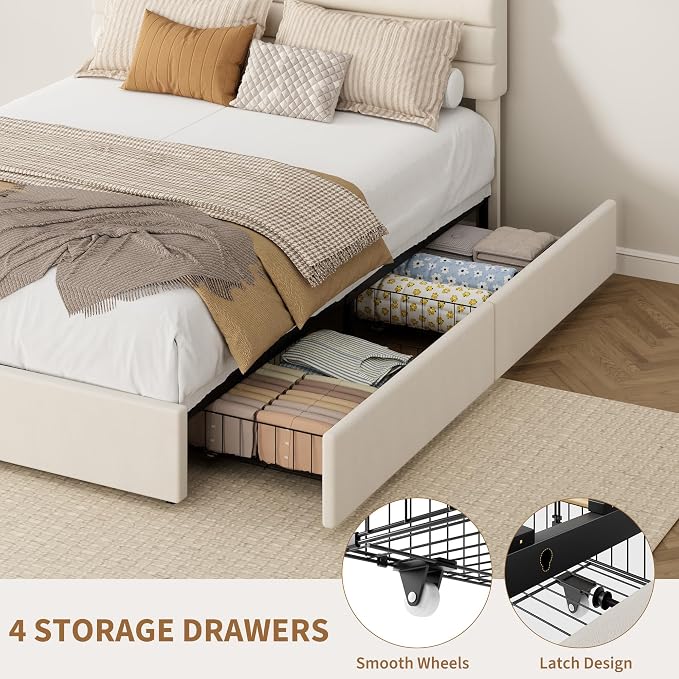Garvee Full Size Bed Frame, Velvet Upholstered Platform Storage Bed with 4 Drawers, Wooden Slats Support, No Box Spring Needed, Easy Assembly, Beige