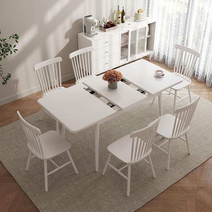 Muwuele Solid Wood Extendable Dining Table for 4-8 People with Seamless Extension from 47.2 to 63 Inches, Easy Assembly, Expandable Tables for Small Spaces, Dining Room, Kitchen, Living Room, White