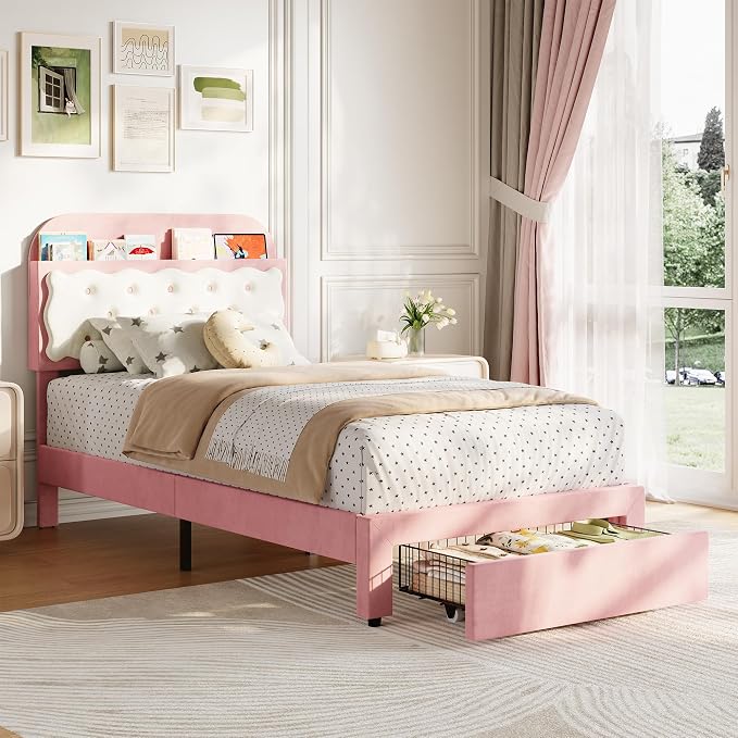 Garvee Twin Bed Frames, Velvet Upholstered Platform Bed with Biscuit Tufted Storage Headboard, Drawer, Sturdy Wood Slats, No Box Spring Needed, Easy Assembly
