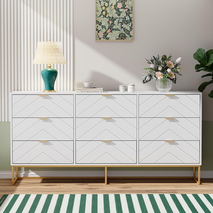 Anbuy Morden 9 Drawer Dresser and Nightstand Sets for Bedroom, Night Stand Set of 2 & 9 Drawer Dresser with Gold Handles, Morden Wood Chest of Drawers Storage Cabinet Set, White