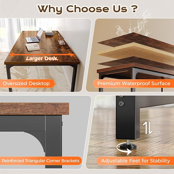 Huuger 63 x 31.5 inch Desk with Power Outlets & USB-C, 0.95 Inch Thicker Desktop, Robust Metal Tubes, Deep Computer Desk, Heavy Duty Office Desk, for Home Office, Rustic Brown