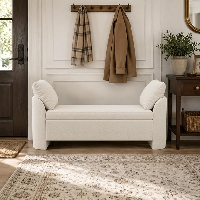 Usaint 58.3" Storage Ottoman Bench with Pillows, Upholstered End of Bed Bench with Arms, Footrest Stool Bench for Bedroom, Living, Window, Entryway and Hallway, Beige