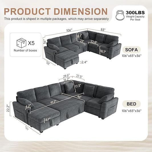 Hanherry 106" Sectional Sofa with Pull Out Couch Bed,6 Seater Corduroy Sleeper Sofa with Storage Ottoman & USB Charging,Comfy L Shaped Modular Couches for Living Room,Apartment