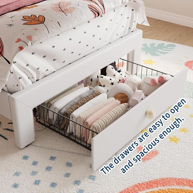 Garvee Twin XL Size Bed Frame with LED Lights & Velvet Crystal Button Headboard, Upholstered Boy/Girl Platform Bed with Storage Drawer, Noise Free, No Box Spring Needed for Kids, Teens, Beige