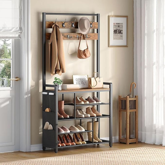 HOOBRO Hall Tree with Bench, Shoe Rack with Coat Rack, Coat Rack with Shoe Storage, 5 Tier Shoe Storage Organizer with Oxford Fabric Side Pockets, Coat and Shoe Rack Entryway, Rustic Brown BF45MT01
