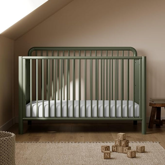 Storkcraft Porto 5-in-1 Convertible Crib with Toddler Guardrail – GREENGUARD Gold Certified, Toddler Bed Conversion Kit Included, 100% Solid Wood, Fits Standard Baby Crib Mattress (Olive)