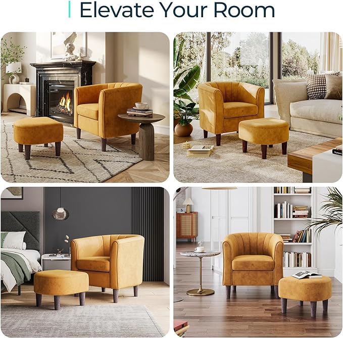 LINSY Accent Chair with Ottoman, Modern Barrel Chair Comfy Armchair Reading Chair with Footrest, Round Arms Chair for Living Room Bedroom Reading Room, Velvet, Yellow