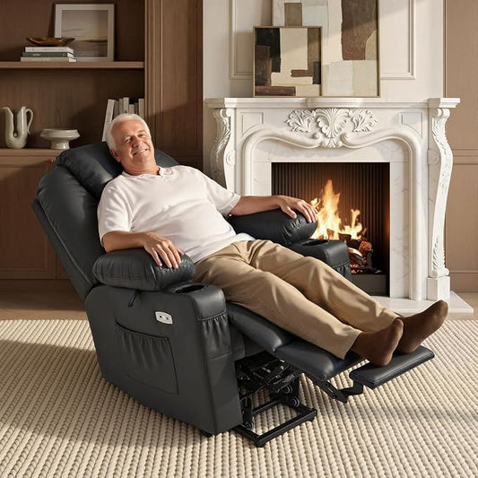 MCombo Large Power Lift Recliner Chair with Massage and Heat for Tall Elderly People, 3 Positions, Cup Holders, and USB Ports, Faux Leather 7516 (Large, Black)