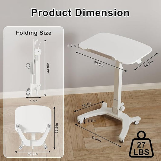 BONTEC Mobile Foldable Standing Desk, Portable Adjustable Height Desk with Gas Spring, Small Rolling Laptop Desk with Wheels for Home, Office, Bedroom, and Medical Use, 25.6" x 19.7" Desktop, White