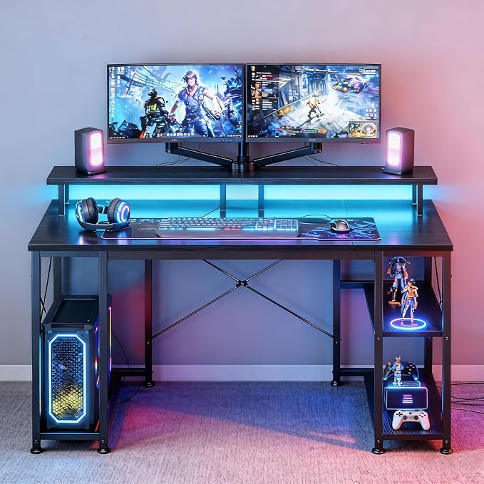ODK 48 inch Gaming Desk with LED Lights, Computer Desk with Monitor Stand & Storage Shelves, CPU Stand, Home Office Desk, Black