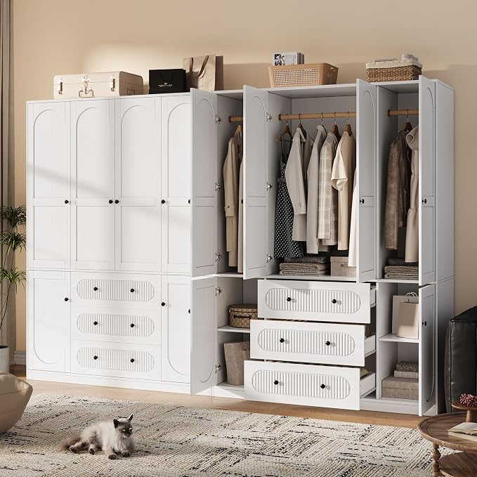 TOKSOM 4 Doors Freestanding Armoire Wardrobe Closet, 72" White Wardrobe Armoire Wooden Closet Large Capacity Storage with 3 Drawers & 3 Hanging Rod Shelves Clothes Organizer