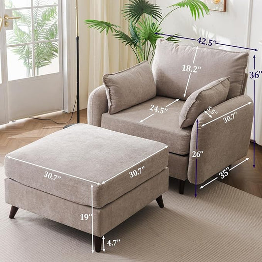 Rexulqo Oversized Accent Chair with Ottoman,All Seats Storage,Comfy Armchair,24.5'' Deep Seat,Upholstered Living Room Chairs,Reading Chair,Lounge Chair for Bedroom,Office,Chenille,Khaki