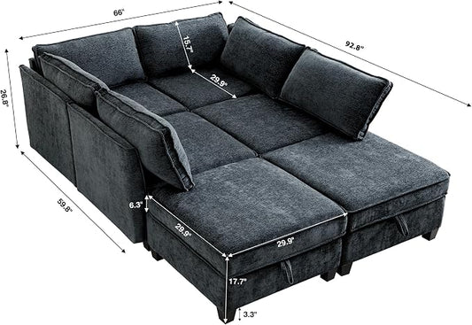 ORRD Sleeper Modular Sectional Sofa Set, Convertible Couch Bed with Storage, 6 Seater and 4 Armrestes Sofa Modular for Living Room, Office (Blue Grey)