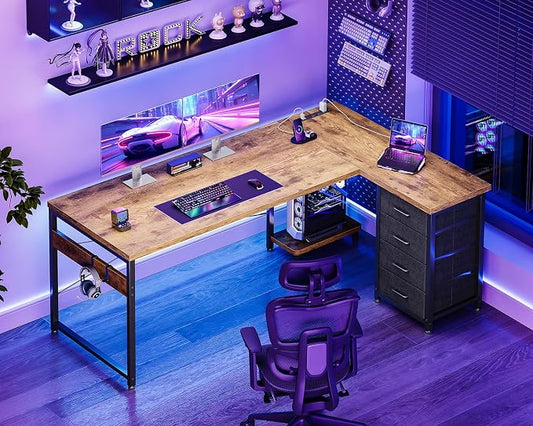 AODK L Shaped Gaming Desk with 4 Drawers, 61" Reversible Home Office Desks with Power Outlets, L Shaped Computer Desk with USB Charging Port and Host Stand, Corner Desk, Easy to Assemble, Vintage