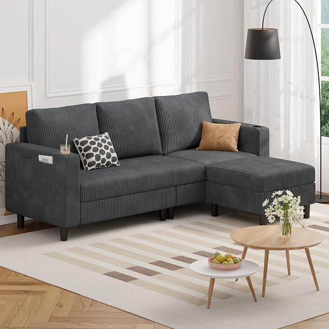 Luxanimarion Upholstered Sectional Sofa and Couches, 78'' L Shaped 3-seat Sofa forLiving Room, Apartment,Lounge,Bedroom-Washable Covers Convertible Sofas(Corduroy Fabric,Dark Gary)