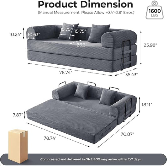 79" 5-in-1 Convertible Sofa Bed No Assembly, Boneless Couch Bed with High Density Foam, Foldable Sleeper Sofa, Corduroy Modular Couch for Apartment, Studio, Dorm Room, Small Space, Dark Gray
