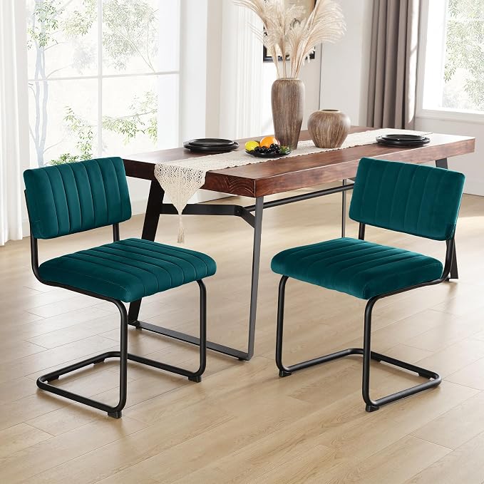 ONEVOG Modern Luxury Velvet Dining Room Chairs Set of 4, Teal Upholstered Kitchen Chairs, Heavy Duty Contemporary Armless Dining Chair with Wide Comfy Seat and Black Metal Legs, Cantilevered Design