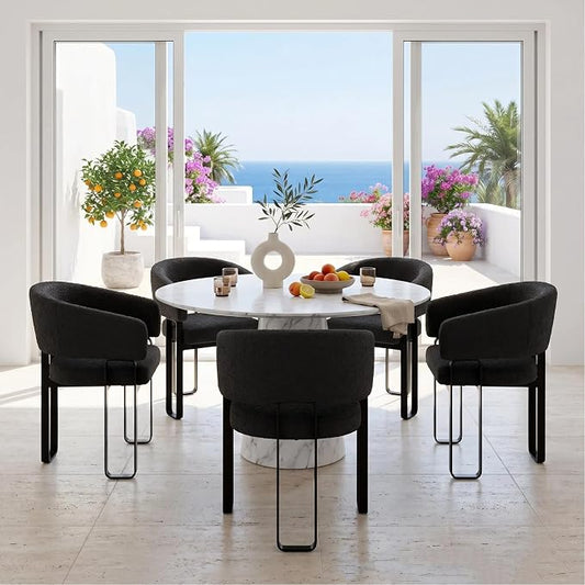 Modern Barrel Dining Chair Set of 3, Black Boucle Kitchen Chair with U-Shaped Stainless Steel Legs, Armchair with Open Back for Living Room Bedroom Makeup Room