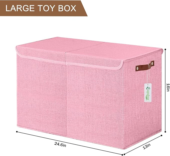 Bagnizer Large Toy Storage Box with Lids, Collapsible Sturdy Baby Storage Organizer Chest Bin Basket for Kids, Boys, Girls, Playroom, Nursery, Bedroom, Closet 25"x13"x16" (Pink)