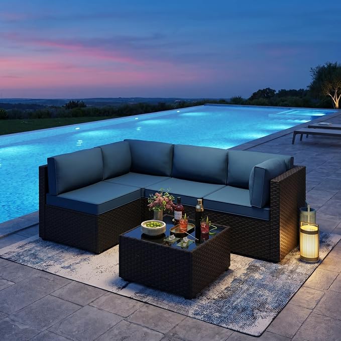 SUNLEI 5 Piece Patio Furniture Sets, Low Back All-Weather Rattan Sectional Sofa with Tea Table&Washable Couch Cushions, Patio Furniture Sets, Black Rattan (Aegean Blue)