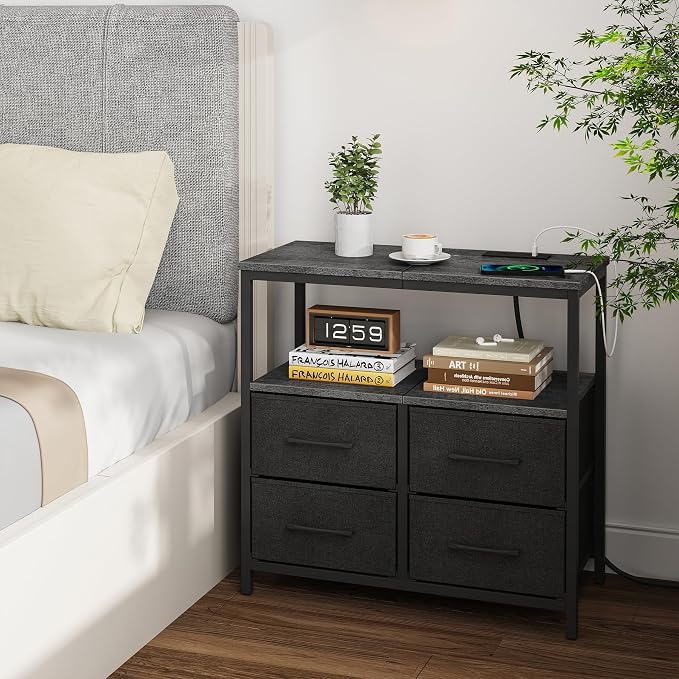 TUTOTAK Large Night Stand with Charging Station, Nightstand with USB and Type-C Port, Bedside Table with Cloth Drawers, End Table for Livingroom, Bedroom, Charcoal Grey TB01BY081