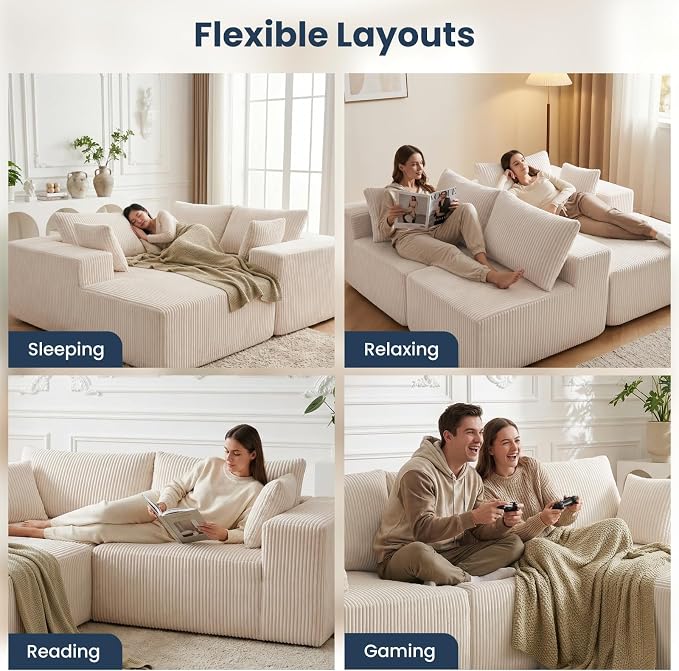 DUMOS 108" L-Shaped Sectional Boneless Couch for Living Room, Upholstered Corduroy Sofa with Deep Seat for Small Apartment, Bedroom, No Assembly in a Box, Left Facing Chaise, Beige