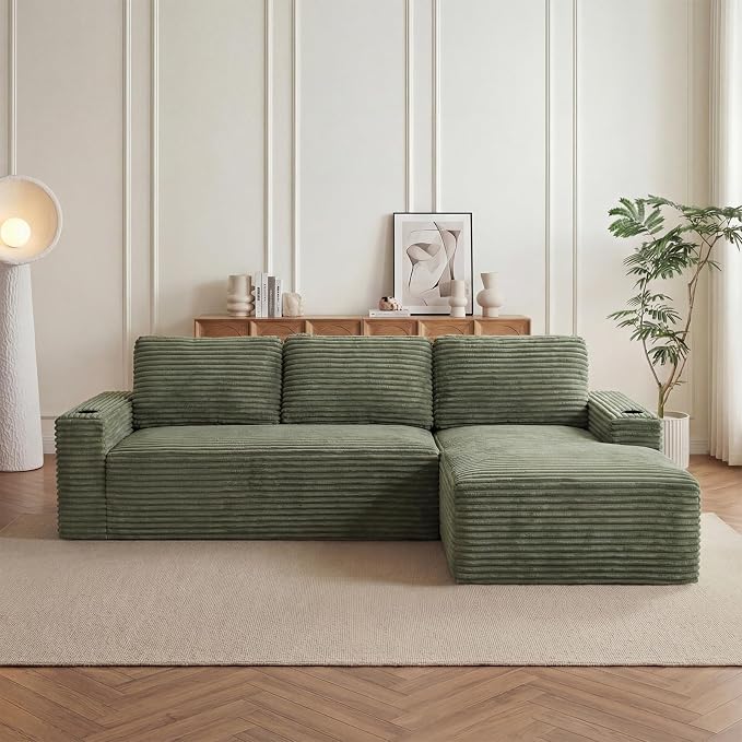 104" L Shaped Boneless Sectional Couches for Living Room, Comfy Corduroy Floor Cloud Sofa with Chaise and Cup Holder, Wide Armrest, Deep Seat, Assembly Free, Ideal for Small Spaces, Green