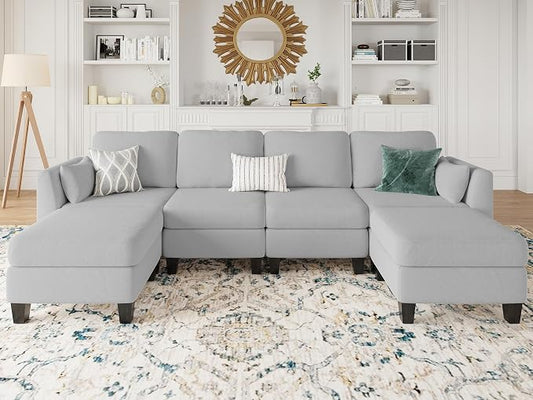 Modular Sectional Sofa, 6 Seaters Modular Sleeper Sofa Couch, Comfy Sectionals Couches Bed, Convertible Sofas with Ottomans, Sectional Couches for Living Room, Light Grey