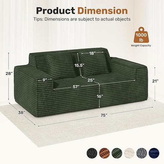 75'' Modern Cloud Loveseat Sofa Set of 2, No Assembly Required Comfy Deep Seat Couches 2 pcs for Living Room, Bedroom, Apartment (Corduroy-Green)