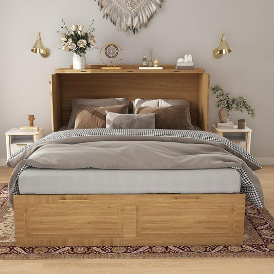 Murphy Bed Full Size: Oak 2 in 1 Murphy Bed Cabinet with Drawer, Wood Cabinet Bed with Charging Station, Modern Hidden Beds for Small Spaces