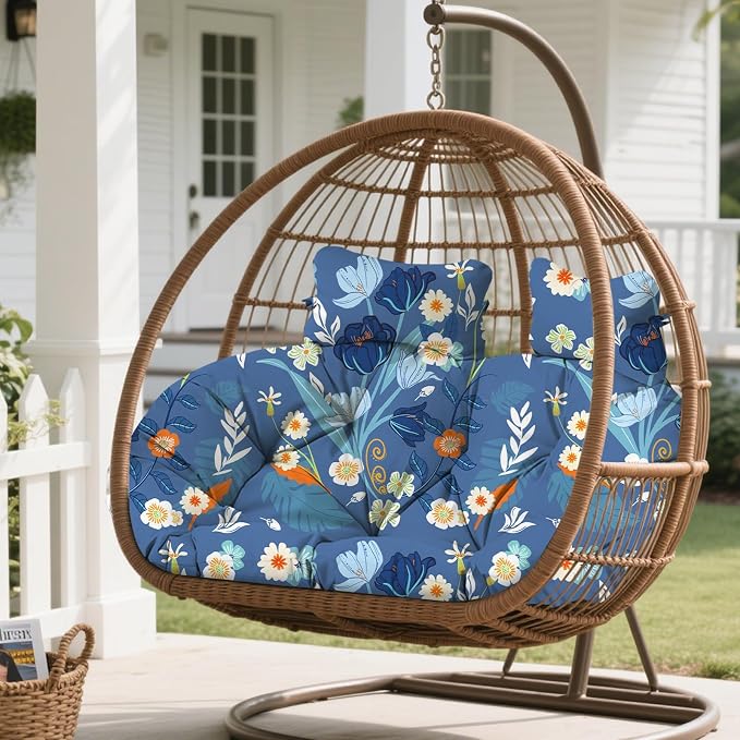 Double Egg Chair Cushion Replacement for Outdoor Patio Hanging Basket Egg Chairs, 59x43 Inch Thickened 100% Cotton Large Waterproof Double Eggs Swing Chair Cushions, Blue Peony