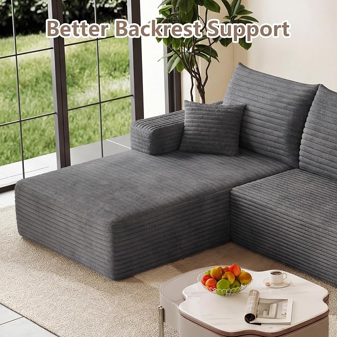 95" Cloud Sectional Couch with L-Shape Chaise, Modular Comfy Sofa Chaise Longue, Upholstered Corduroy Couches Sleeper with Deep Seat for Living Room Bedroom, No Assembly Required(Grey, Left Facing)