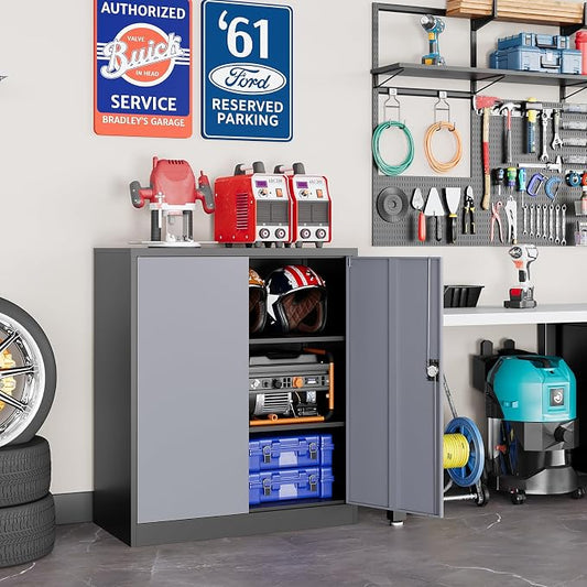Metal Garage Storage Cabinets with Lock, 36" Tall Tool Cabinet with 2 Door and 2 Adjustable Shelves, Locking Garage Cabinets and Lockable Steel Locker for Home Office Warehouse-(Black Gray-36”H)