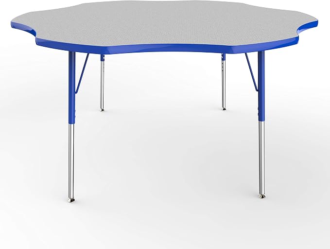 FDP Flower Activity School and Office Table (60 inch), Standard Legs with Swivel Glides for Collaborative Seating Environments, Adjustable Height 19-30 inches - Gray Top and Blue Edge