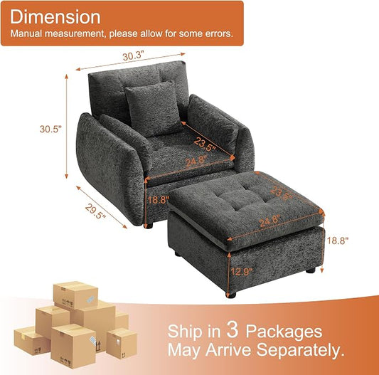 30" Modular Cloud Accent Chair with Ottoman, Deep Seat Tufted Chenille Sofa Chair with Curved Arms, Upholstered Reading Chairs for Living Room, Bedroom, Dark Grey